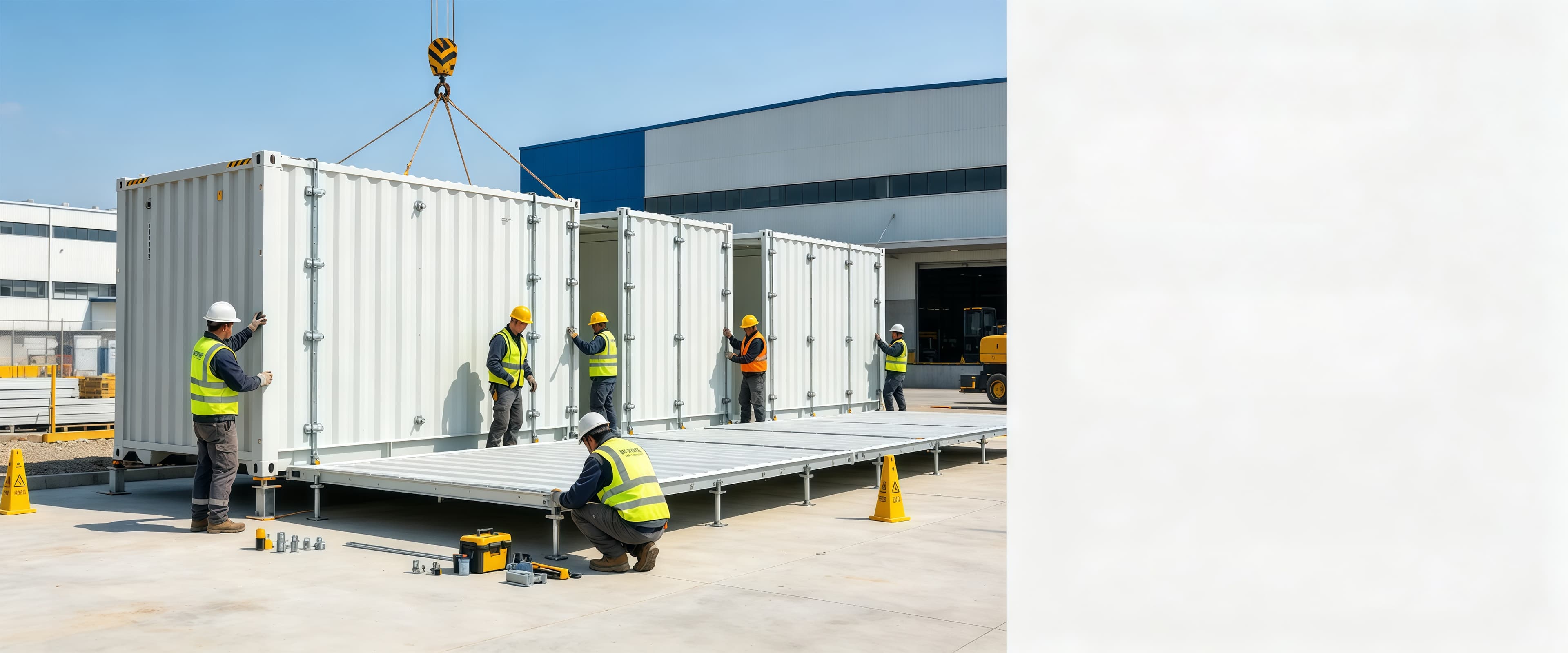 Container house modules being assembled at a production facility