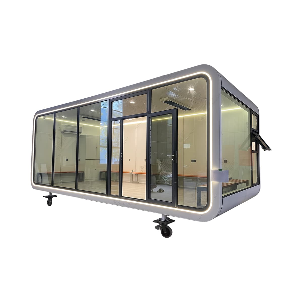 Apple Cabin exterior with curved glazed envelope, integrated LED lighting, and private deck