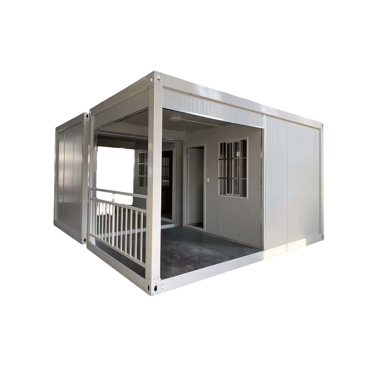 Detachable container house unit with door open, staged inside a production warehouse