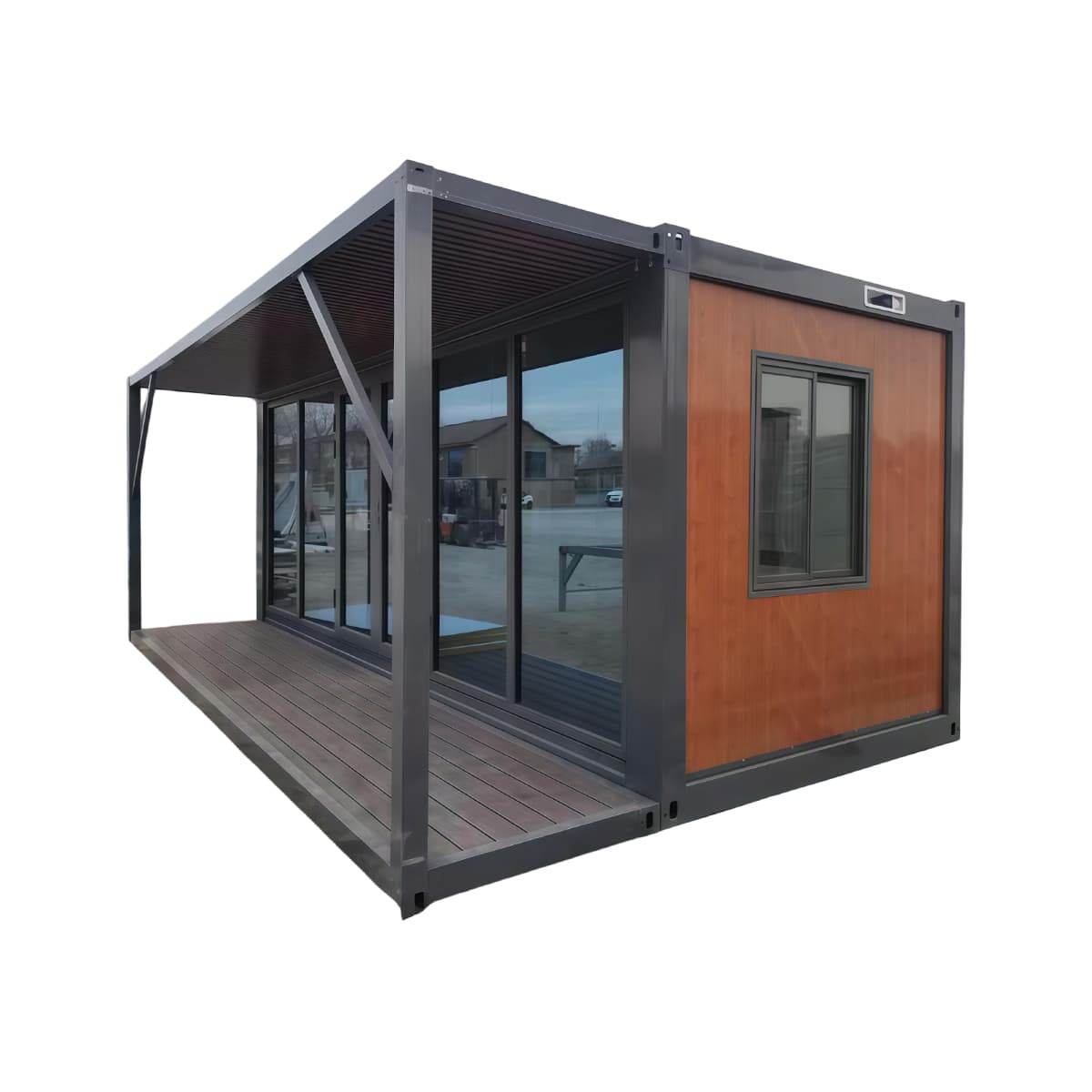Two-storey modular building formed from expanded container modules with a glazed entrance canopy