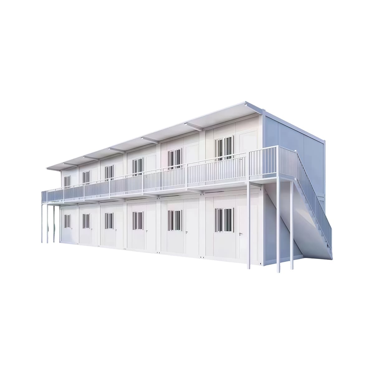 Flat pack container house with hinged panel doors open, showing folded structural wall sections inside a manufacturing hall