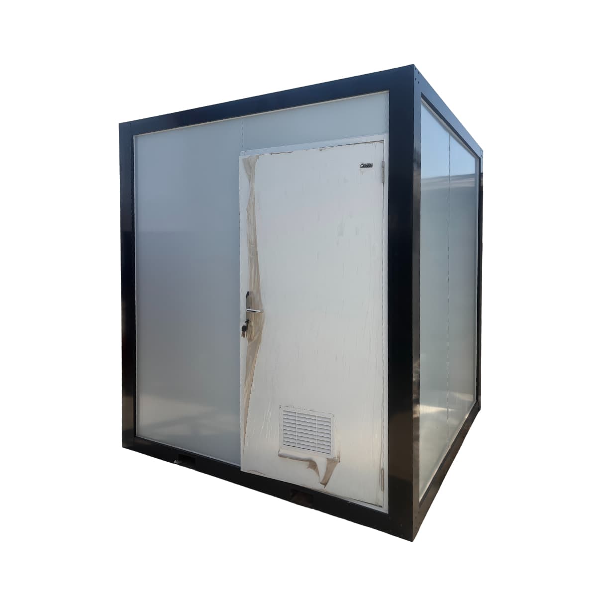 Complete portable toilet cabin exterior with twin service doors and ventilation grilles