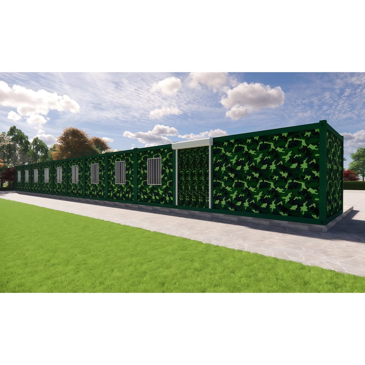 Compact site cabin structure with panel doors open, representative of the portable office cabin shell